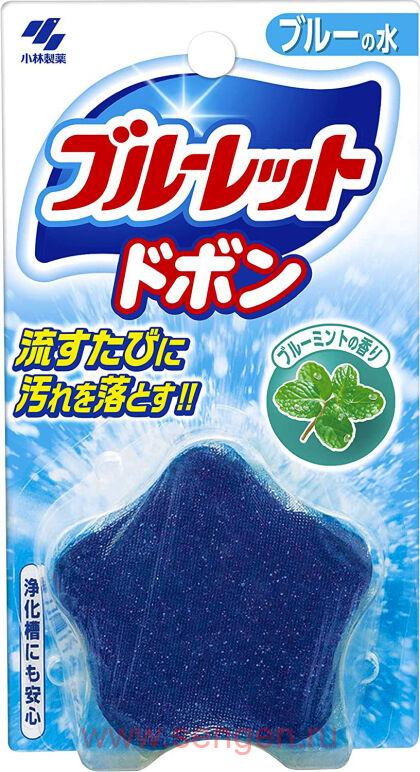 Таблетка для бачка унитаза очищающая и дезодорирующая, KOBAYASHI Bluelet Dobon Double Blue Mint, с эффектом окрашивания воды, с ароматом мяты, 60г