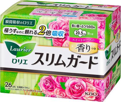 Женские гигиенические прокладки KAO "Laurier" Cleanguard Sweet Rose, тонкие, с крылышками, с ароматом розы, длина: 20,5см, в упаковке 26шт.