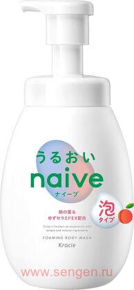 Увлажняющее жидкое мыло-пенка для тела KRACIE Naive Foam Body Soap Moisturizing, с экстрактом листьев персикового дерева, с ароматом сочного персика, помпа 600мл.