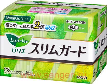 Женские гигиенические прокладки KAO "Laurier" Cleanguard, тонкие, с крылышками, длина: 20,5см, в упаковке 28шт.