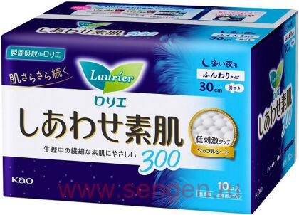 Женские ночные гигиенические прокладки KAO "Laurier" Happy Skin Heavy Night, тонкие, с крылышками, длина: 30см, в упаковке 10шт.