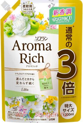 Кондиционер для белья LION Aroma Rich Ellie, с ароматом зеленого яблока, персика, ландыша и розы, мягкая упаковка с колпачком, 1200мл.