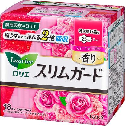 Женские гигиенические прокладки KAO "Laurier" Cleanguard Long Sweet Rose, тонкие, с крылышками, с ароматом розы, длина: 25см, в упаковке 18шт.