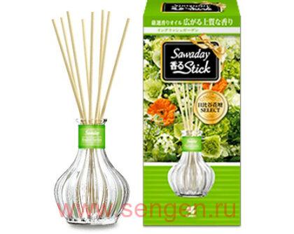 Натуральный аромадиффузор для дома KOBAYASHI Sawaday Stick Parfum English Garden, с ароматом трав и белых цветов, стеклянный флакон 70мл, 8 палочек.