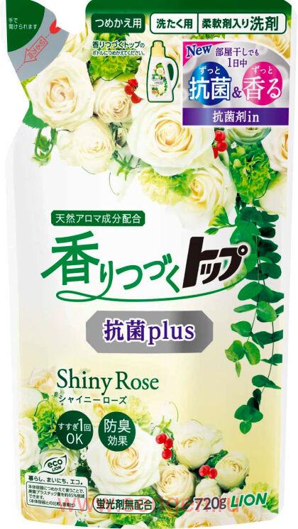 Жидкое средство для стирки белья LION Top Antibacterial Plus Shiny Rose, с антибактериальным эффектом и маслом чайного дерева, перечной мяты и герани, с ароматом розы и цветов, мягкая упаковка, 720г.