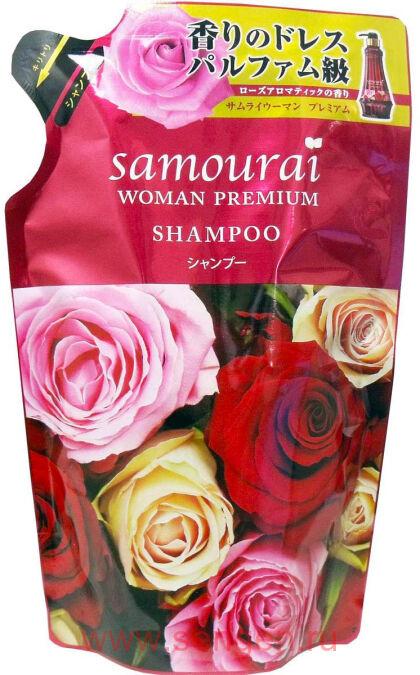 Шампунь для волос восстанавливающий и увлажняющий SPR JAPAN Samourai Woman Premium, с великолепным ароматом роз, мягкая упаковка, 370мл.