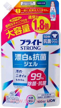Кислородный гель-отбеливатель для стойких загрязнений LION Bright Strong, с антибактериальным эффектом, сменная упаковка с крышкой, 900мл.