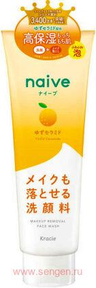 Увлажняющая пенка для умывания и снятия макияжа KRACIE Naive Makeup Removal Face Wash, с керамидами юдзу, с ароматом свежего юдзу, туба 200г.