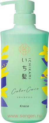 Восстанавливающий шампунь для ухода за окрашенными волосами KRACIE Ichikami Color Care&Base, с ароматом цветущей горной вишни и цветков лимона, помпа 480мл.