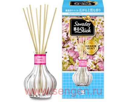 Натуральный аромадиффузор для дома KOBAYASHI Sawaday Stick Parfum Cherry Blossom, с ароматом цветущей сакуры, лимона и яблока, стеклянный флакон 70мл, 8 палочек.
