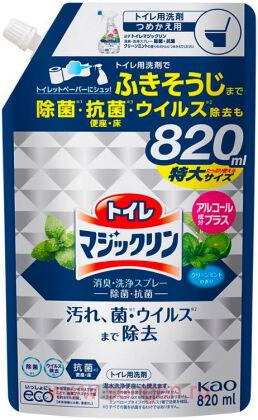 Чистящее и дезодорирующее средство для туалета KAO Toilet Magiclean Deodorant & Clean Spray, для быстрой и легкой уборки, с ароматом мяты и цитрусов, сменная упаковка с крышкой, 820мл.