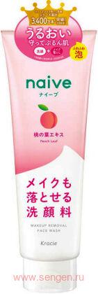 Увлажняющая пенка для умывания и снятия макияжа KRACIE Naive Makeup Removal Face Wash, с экстрактом листьев персикового дерева, с нежным ароматом персика, туба 200г.
