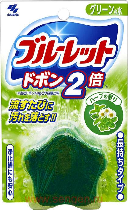 Таблетка для бачка унитаза очищающая и дезодорирующая, KOBAYASHI Bluelet Dobon Double Herb, с эффектом окрашивания воды, с ароматом свежих трав, 120г