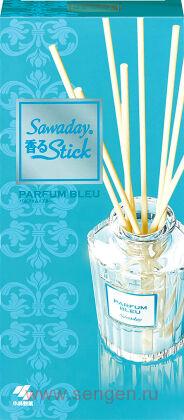 Натуральный аромадиффузор для дома KOBAYASHI Sawaday Stick Parfum Blue, со свежим морским ароматом и древесно-мускусными нотками, стеклянный флакон 70мл, 8 палочек.