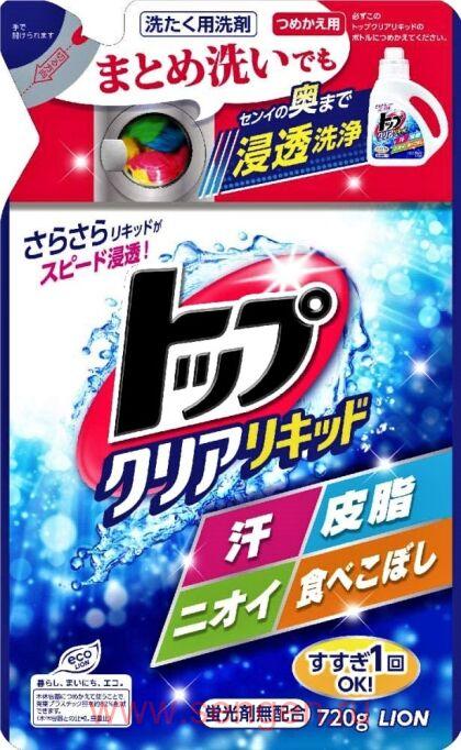 Жидкое средство для стирки белья LION Top Clear Liquid, с ферментами, цветочный аромат, мягкая упаковка, 720г.