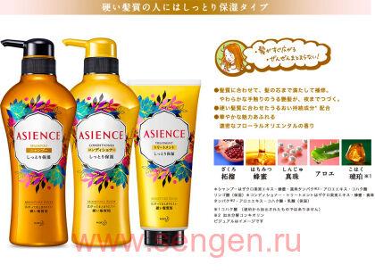 Увлажняющий шампунь для волос KAO Asience Moisturizing Type Shampoo, с экстрактом алоэ, граната, мёдом, протеином жемчуга и янтарной кислотой, мягкая упаковка, 340мл.