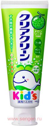Детская зубная паста KAO Clear Clean Kid’s Melon, с мягкими микрогранулами и фтором комплексного действия (вкус дыни), 70гр.