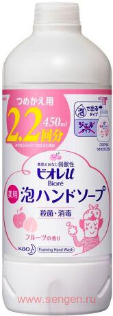 Пенное мыло для рук KAO Biore U Foaming Hand Soap Fruit Aroma, с антибактериальным эффектом и ароматом фруктов, сменная упаковка, 450мл.